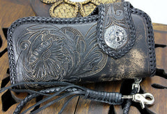 Handmade black leather floral grass punk carved biker wallet Long wallet clutch for men - EverHandmade