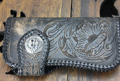 Handmade black leather floral grass punk carved biker wallet Long wallet clutch for men - EverHandmade