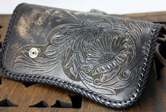 Handmade black leather floral grass punk carved biker wallet Long wallet clutch for men - EverHandmade