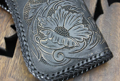 Handmade black leather floral grass punk carved biker wallet Long wallet clutch for men - EverHandmade