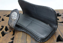 Handmade black leather floral grass punk carved biker wallet Long wallet clutch for men - EverHandmade