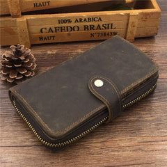 Vintage Leather Long Wallet for Men Bifold Coffee Wallet