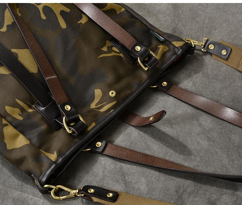 Camouflage Wax Canvas Shoulder Bag with Leather Straps