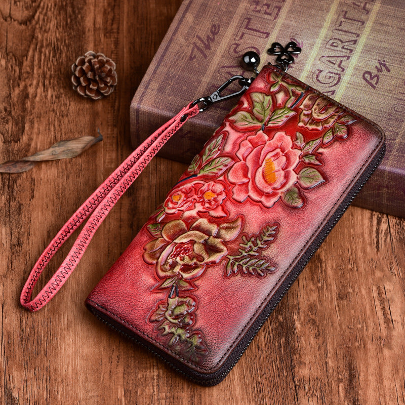 Womens Peony Flower Green Leather Zip Around Wallet Wristlet Wallet Floral Ladies Zipper Clutch Wallet for Women