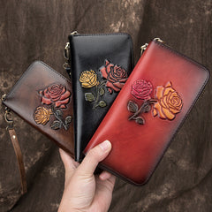 Womens Rose Flowers Red Leather Wristlet Wallets Zip Around Wallet Flowers Ladies Zipper Clutch Wallet for Women