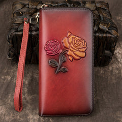 Womens Rose Flowers Red Leather Wristlet Wallets Zip Around Wallet Flowers Ladies Zipper Clutch Wallet for Women