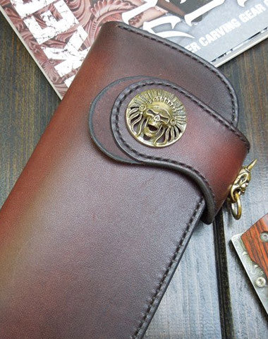 Handmade biker wallet red brown natural leather biker wallet chain bifold Long wallet for men - EverHandmade