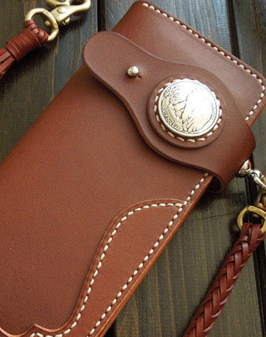 Handmade leather coffee biker wallet chain bifold Long wallet biker chain wallet for men - EverHandmade