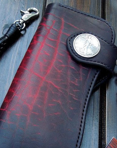 Genuine Leather Mens Chain Wallet Biker Wallet Cool Leather Wallet Long Trucker Wallets for Men
