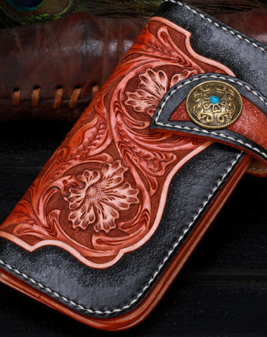 Handmade leather Long black floral biker trucker flowers wallet leather chain men Black Tooled wallet - EverHandmade