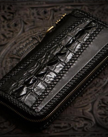 Handmade Leather Mens Biker Chain Wallet Cool Leather Wallet Long Zipper Wallets for Men