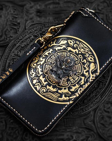 Handmade Leather Tibetan Mens Biker Chain Wallet Cool Leather Wallets Long Clutch Wallets for Men