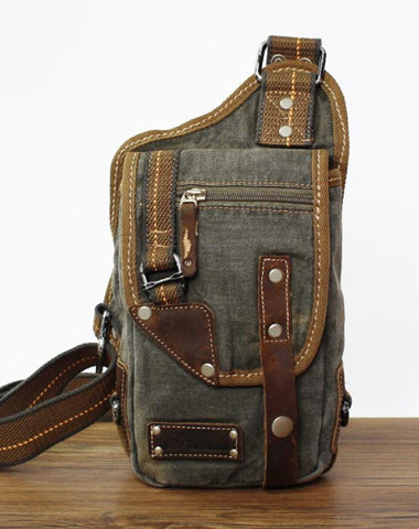 Canvas Black Mens Sling Bag Green Chest Bag One Shoulder Backpack For Men