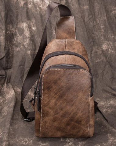 Brown Cool LEATHER MENS 8 inches Sling Bag One Shoulder Backpack Chest Bag For Men