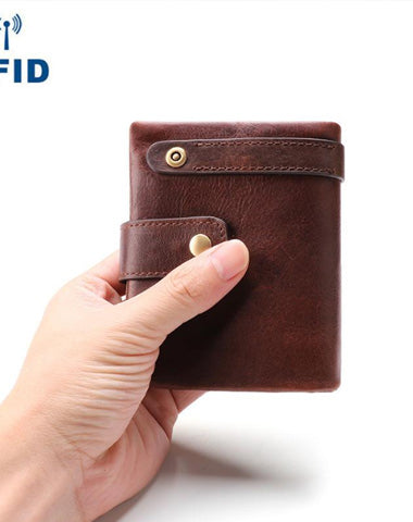 Cool Leather Mens Small Bifold Brown Wallet billfold Wallet RFID Front Pocket Multi-card Wallets for Men