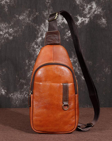 Brown Cool LEATHER MENS 8 inches Sling Bag One Shoulder Backpack Dark Brown Chest Bag For Men