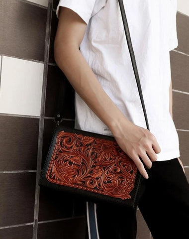 Handmade Black Tooled Floral Leather Messenger Bags Side Bag Clutch Wristlet Bag For Men