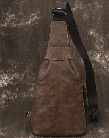 Brown Cool LEATHER MENS Sling Bag One Shoulder Backpack Chest Bag For Men