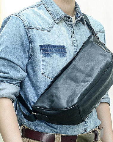 Cool Black Leather Men Chest Bag Large Sling Bag One Shoulder Backpack Sling Packs For Men