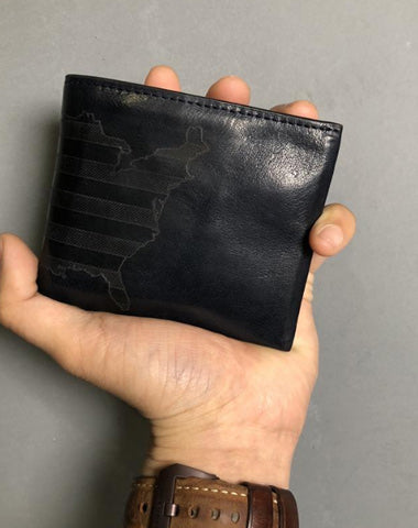 Cool Leather Mens Black Bifold billfold Wallets Small Wallet U.S. Map Wallets Front Pocket Wallet for Men