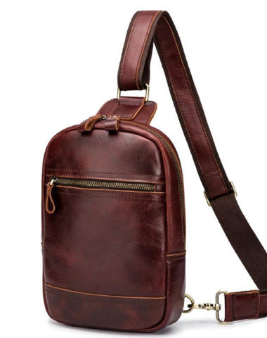 Brown Leather Men's Sling Bag Red Brown Chest Bag 8 inches One Shoulder Backpack For Men