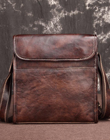 Men Designer Leather Border Cube Square Messenger Mail Brown Bag Hand carry