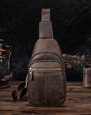 Vintage Brown Leather Men's Sling Bag 8-inches Chest Bag Vintage One shoulder Backpack For Men