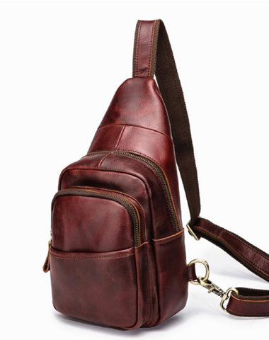 Red Brown Cool LEATHER MENS 8 inches Sling Bag One Shoulder Backpack Brown Chest Bag For Men