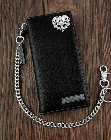 vogueteen Mens Gothic Skull Cross Leather Biker Punk Wallet with a Metal  Long Chain Black